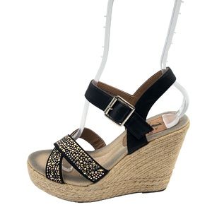 Corkys Sandals Wedge Womens size 8  Studded Crisscross Brown Black Buckle